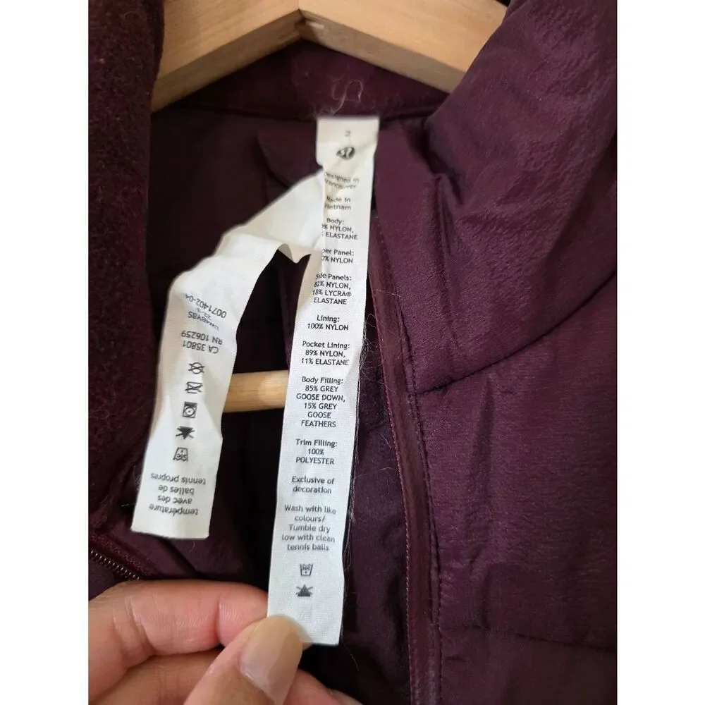 Lululemon Down For It All Vest Size 2-LW4BY8S Wine